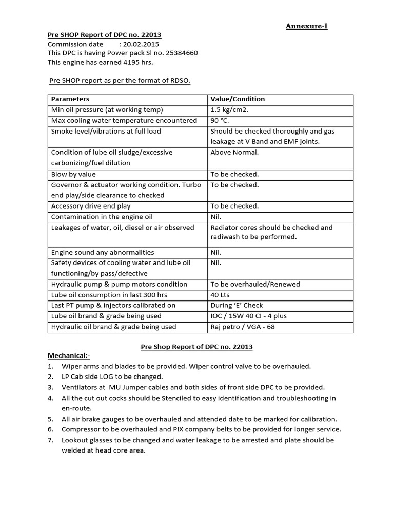Pre-Shop Report - 22013 | PDF | Pump | Mechanical Engineering
