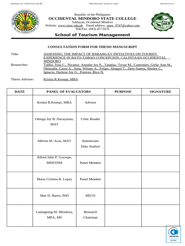 M COL 08 Consultation Form For Thesis Manuscript Rev.01 | PDF