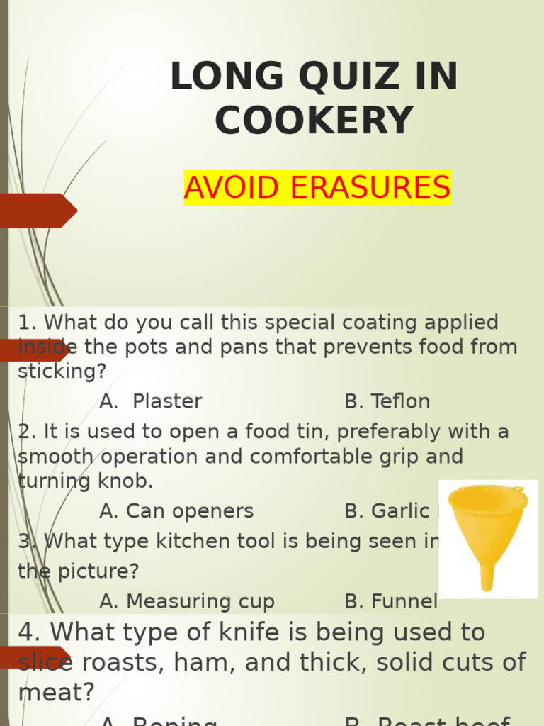 Cookery Quiz: Kitchen Tools & Techniques | PDF | Cookware And Bakeware ...