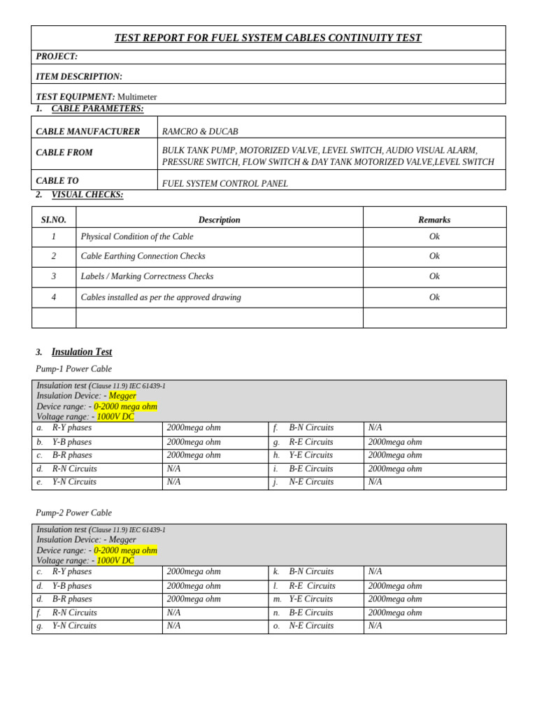 Fuel System Cables Continuity Test Report | PDF | Direct Current ...