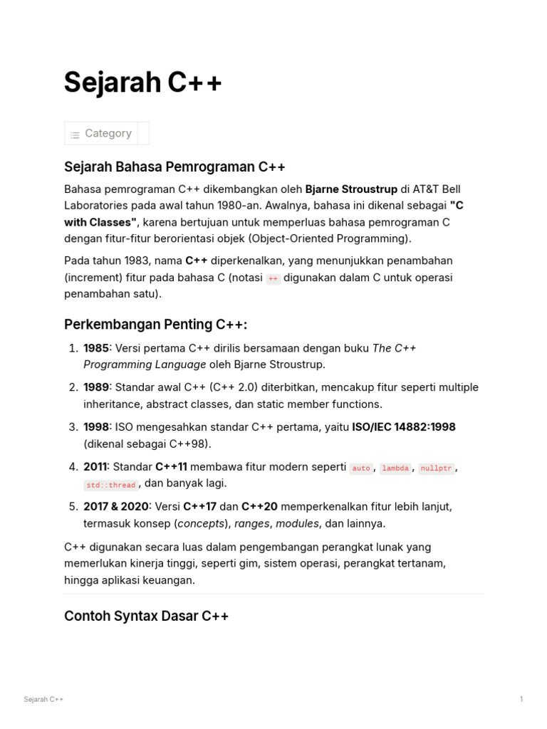 Sejarah dan Perkembangan C++ | PDF