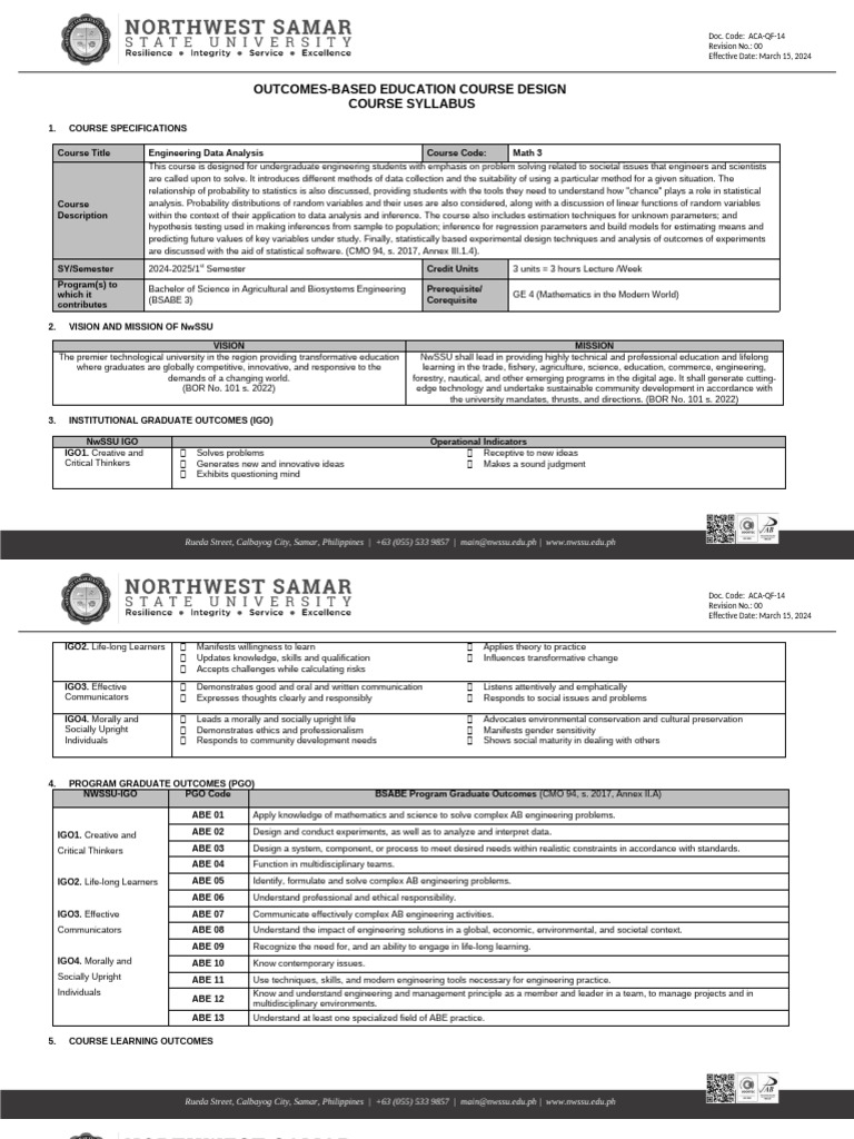 Engineering Data Analysis Course Syllabus | PDF | Statistics ...