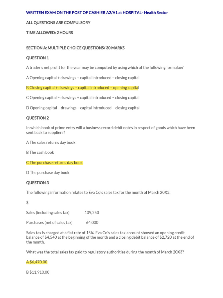 Cashier Exam Questions and Answers | PDF | Debits And Credits | Business