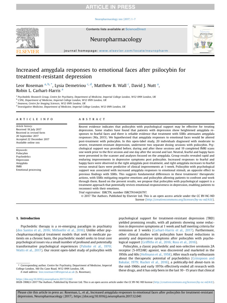 Increased amygdala responses to emotional faces after psilocybin | PDF ...
