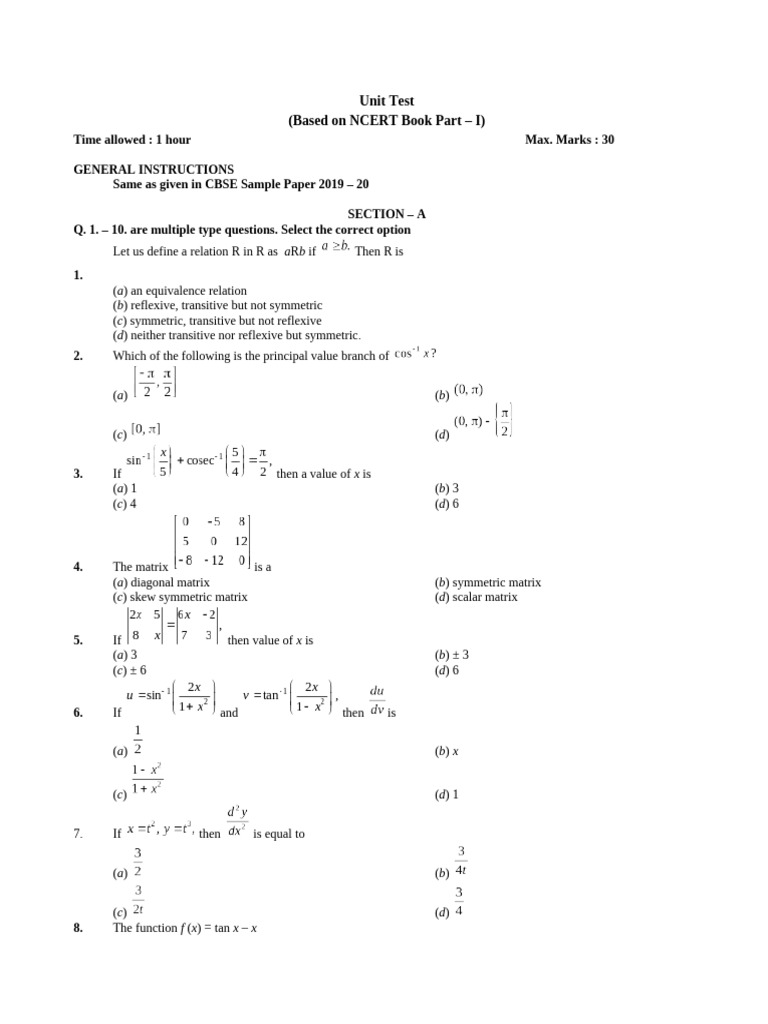 Unit Test on Relations and Functions | PDF | Algebra | Mathematical ...