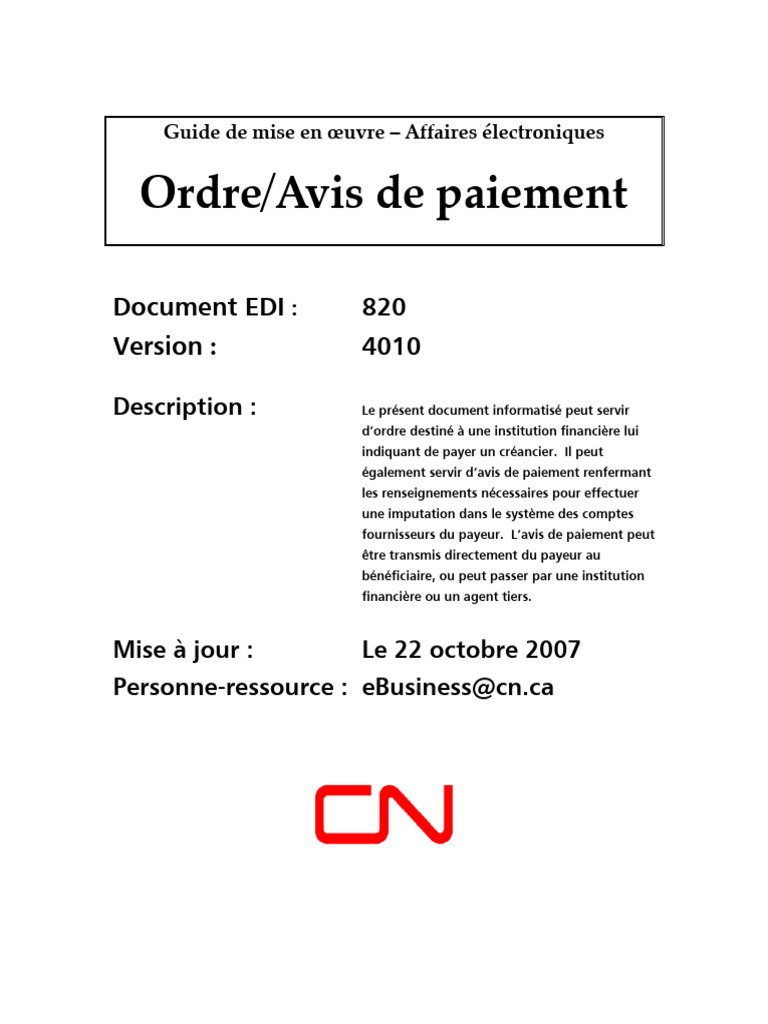 Guide EDI 820 : Ordre/Avis de paiement | PDF | Protocole de transfer de ...