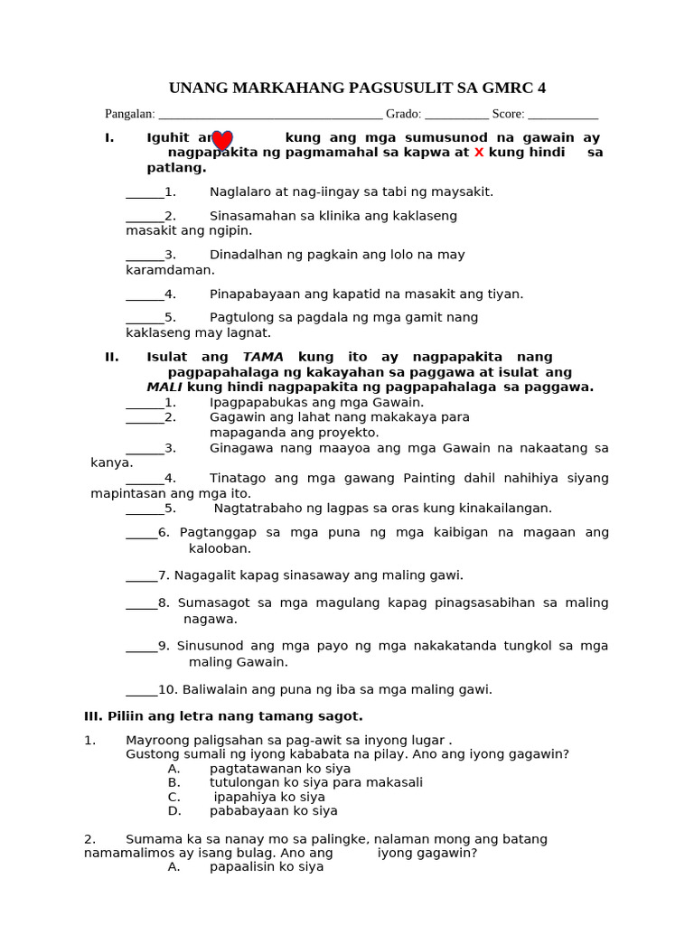 Unang Markahang Pagsusulit Sa GMRC 4 | PDF