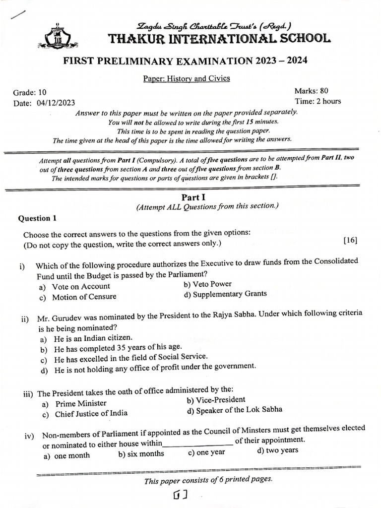 Hist-10 TIS SC Prelim 1 Test (2023-24) | PDF