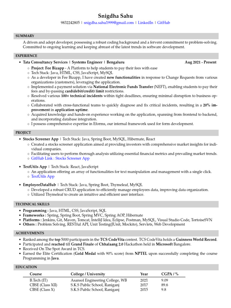 Snigdha Sahu - Java Developer | PDF | Spring Framework | Systems ...