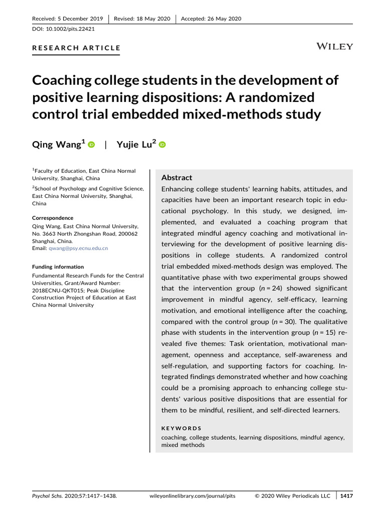 Coaching College Students in The Development of Positive Learning ...