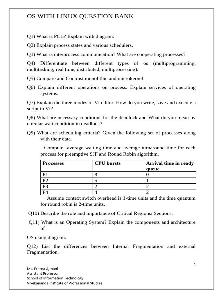 OPERATING SYSTEM QUESTION BANK- final | PDF | Process (Computing ... image.