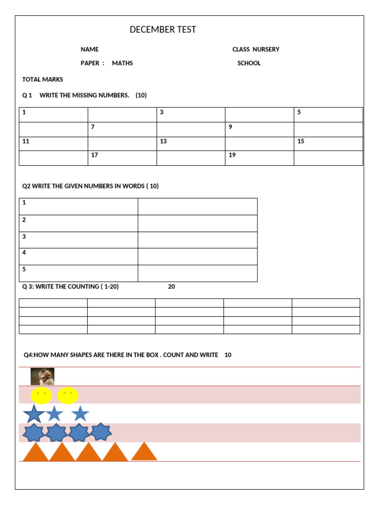 Nursery Maths December Test | PDF