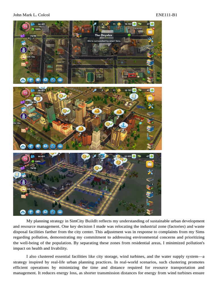 Ene 111 Simcity Assignment | PDF | Sustainability | Urban Planning