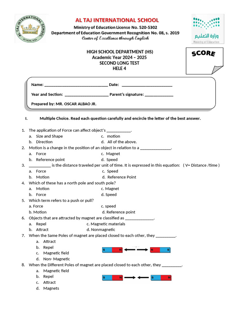 3rd Long Test Science 4 Pdf Force Magnetism