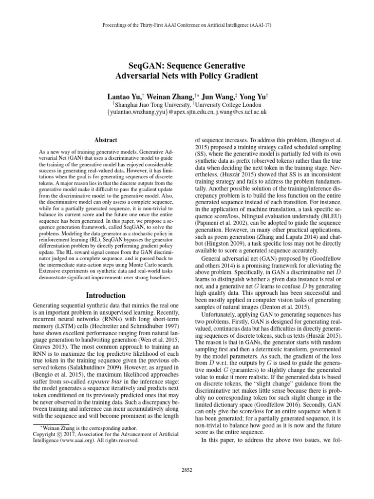  2017aaai seqgan sequence generative adversarial nets with policy