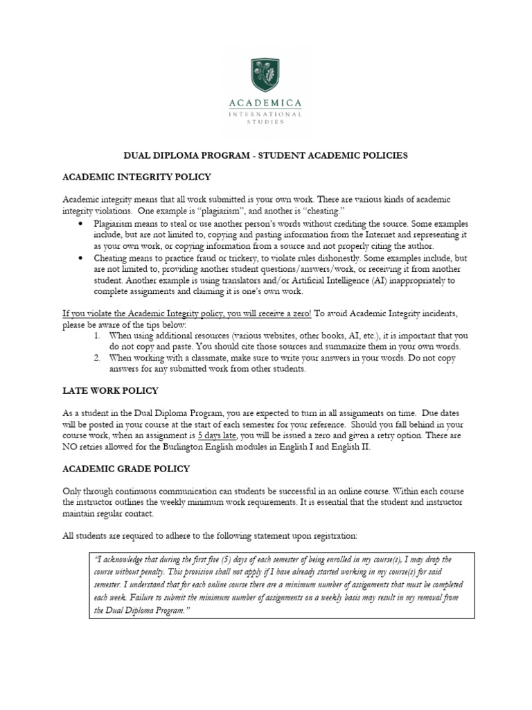 Dual Diploma Program Academic Policies | PDF | Academic Integrity ...