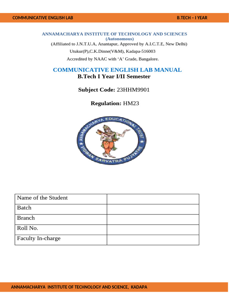 Communicative English Lab Manual R23 | PDF | Stress (Linguistics) | Vowel