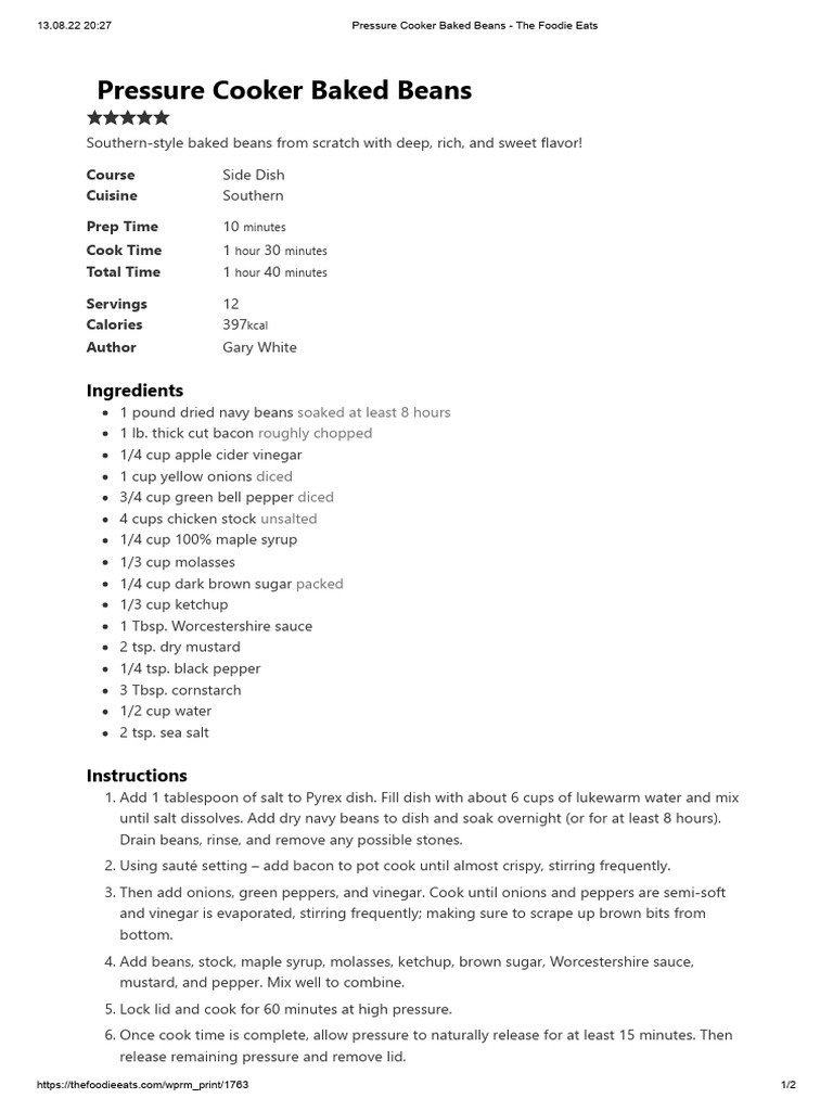 Southern Pressure Cooker Baked Beans | PDF | Sauce | Cooking
