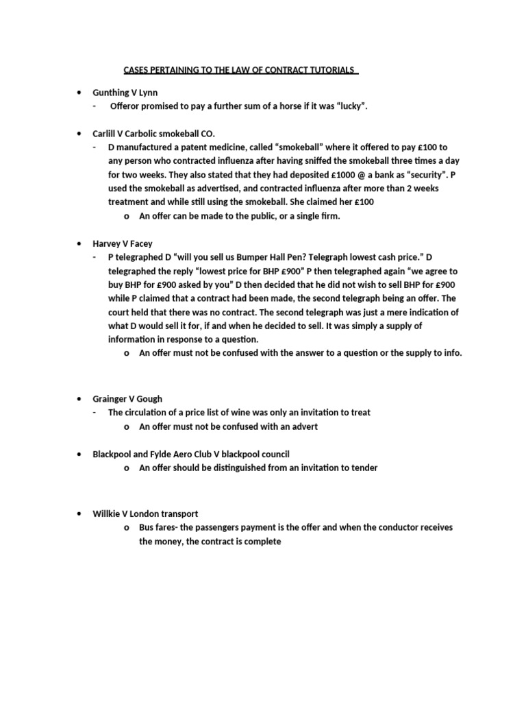 Key Contract Law Case Summaries | PDF | Legal Liability | Breach Of ...
