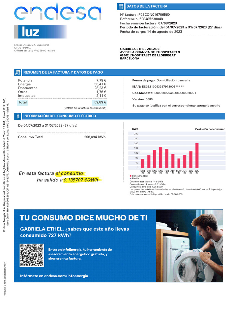 Factura de Electricidad de Endesa - Julio 2023 | PDF