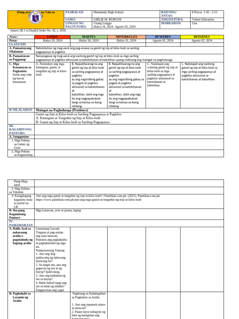DLL Values Education 7 W1 Aralin 1 | PDF