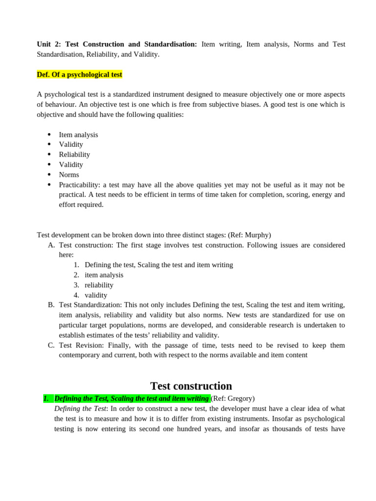 Test Construction and Standardization Guide | PDF | Validity ...