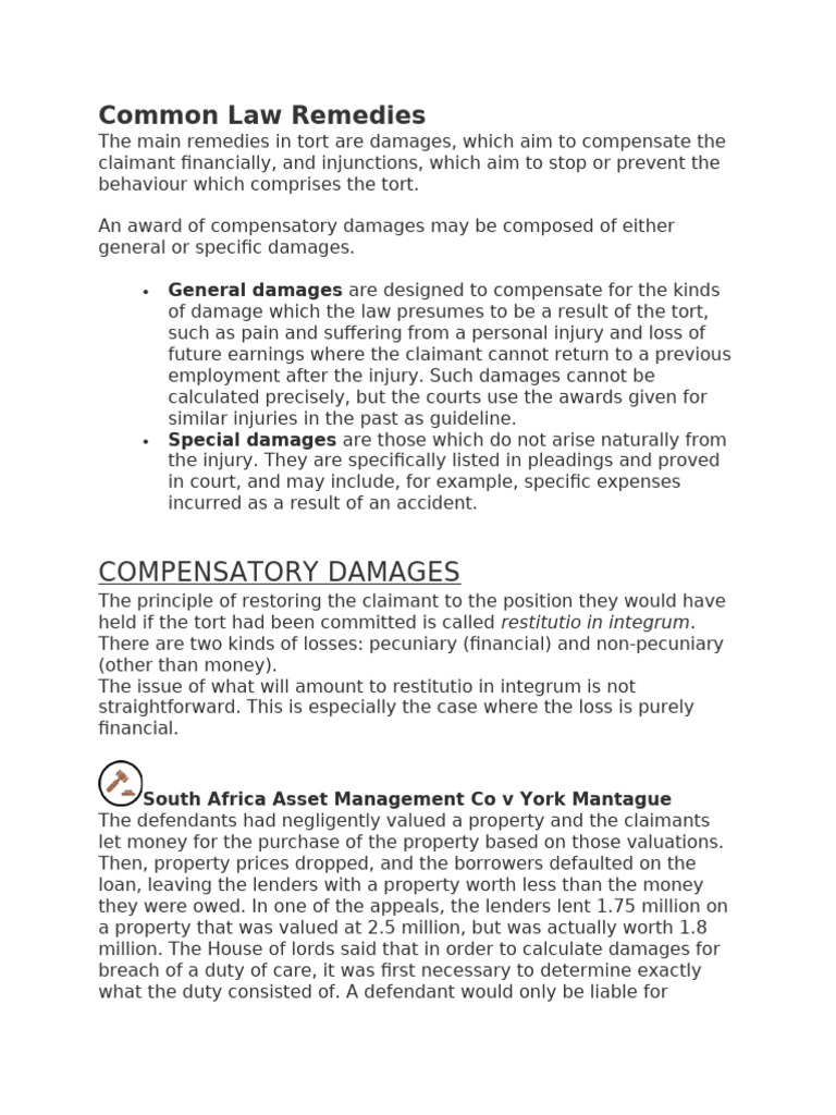 Key Tort Law Remedies Explained | PDF | Damages | Legal Liability