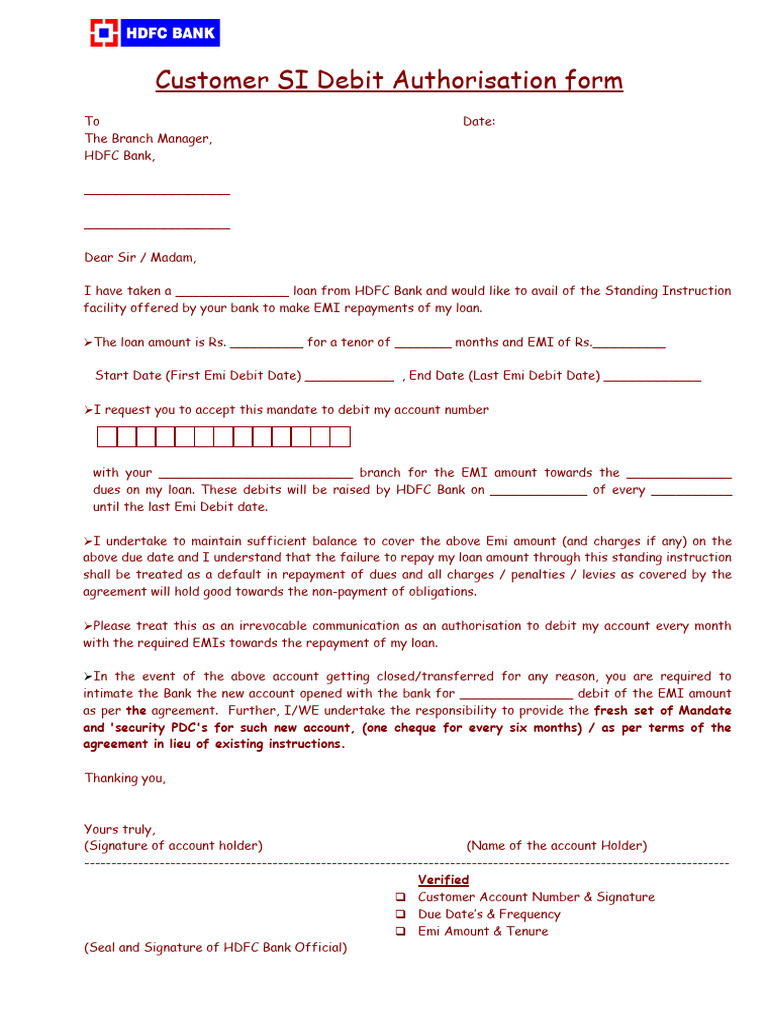 HDFC SI Debit Authorization Form | PDF | Banks | Financial Economics