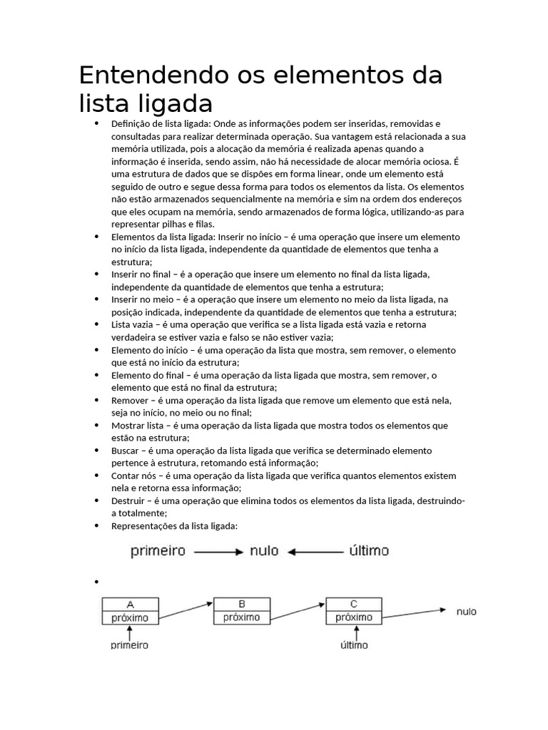 Elementos e Operações de Lista Ligada | PDF | Ponteiro (programação de ...