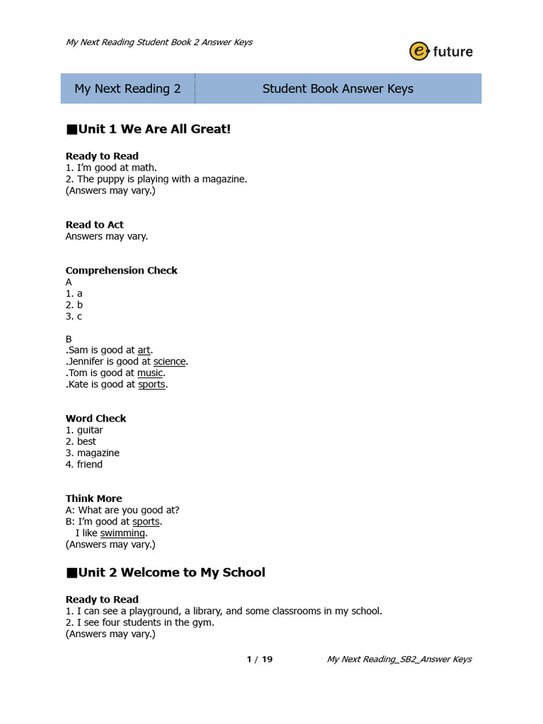 My Next Reading 2 Answer Keys | PDF