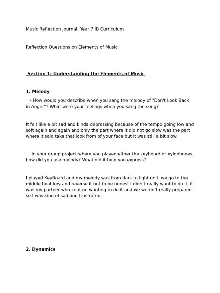 Year 7 Music Reflection Journal | PDF | Tempo | Anger