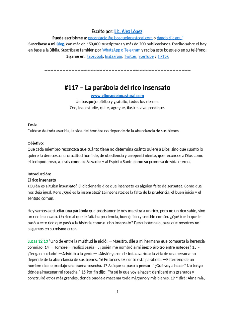 La Parábola Del Rico Insensato - Por Alex López | PDF | Jesús | Pecado