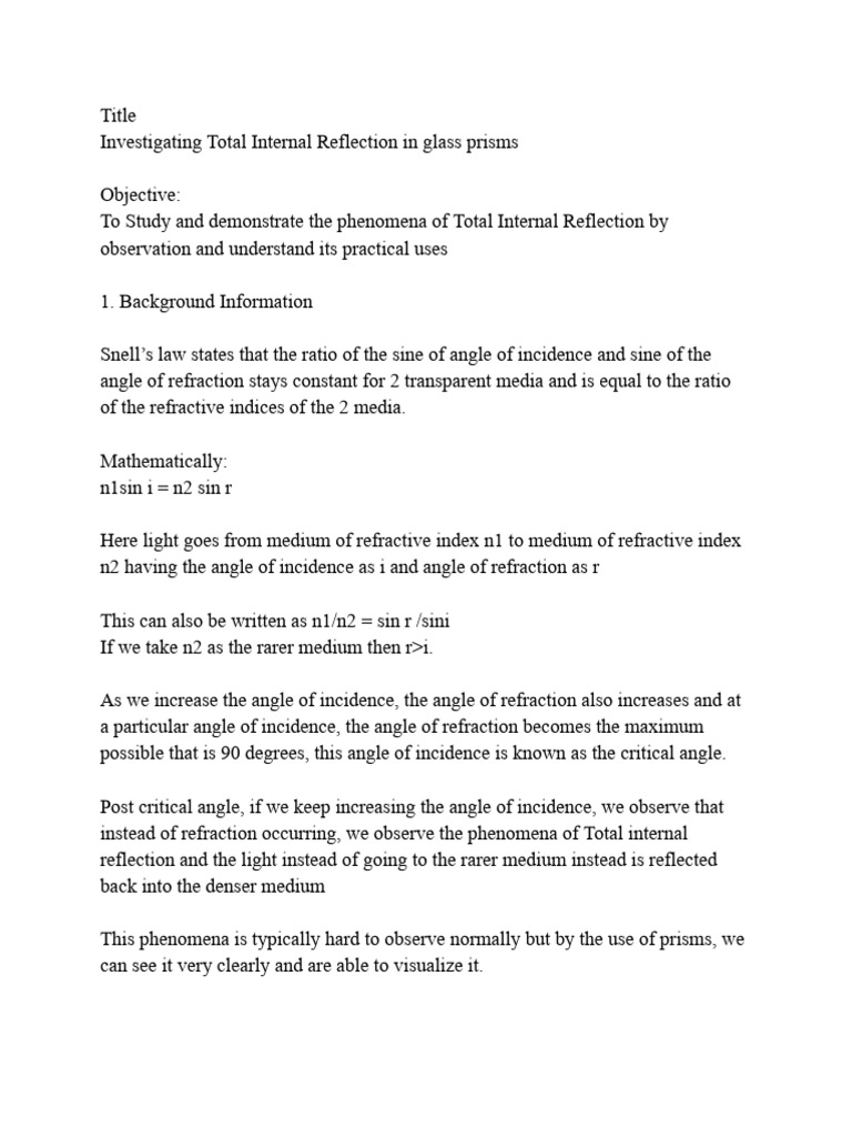 Total Internal Reflection in Prisms | PDF | Refractive Index | Optical ...