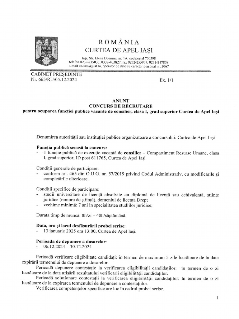 Anunt Concurs Functionar Public 13 01 2025 | PDF