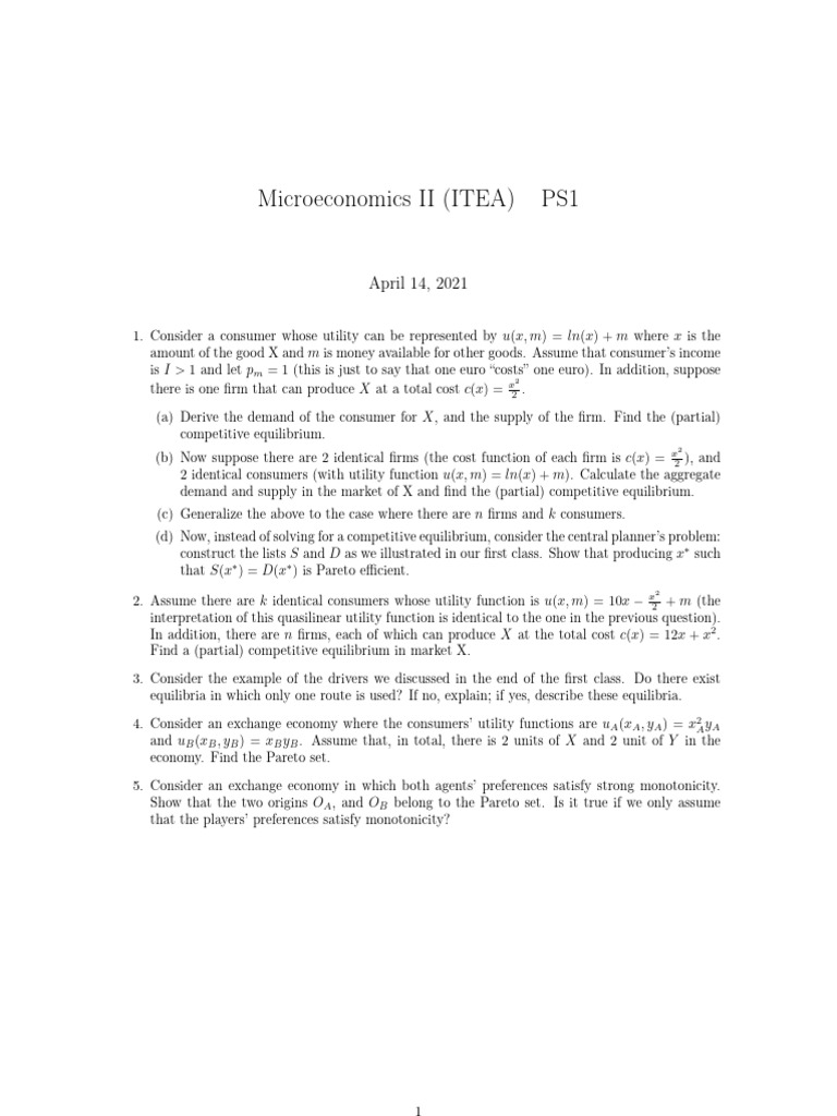 Microeconomics II Problem Set Analysis | PDF | Utility | Economic ...
