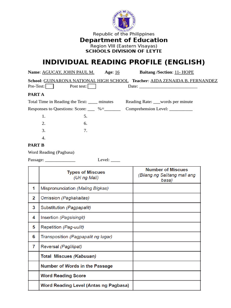 Individual Reading Profiles for 11-HOPE | PDF | Reading Comprehension ...