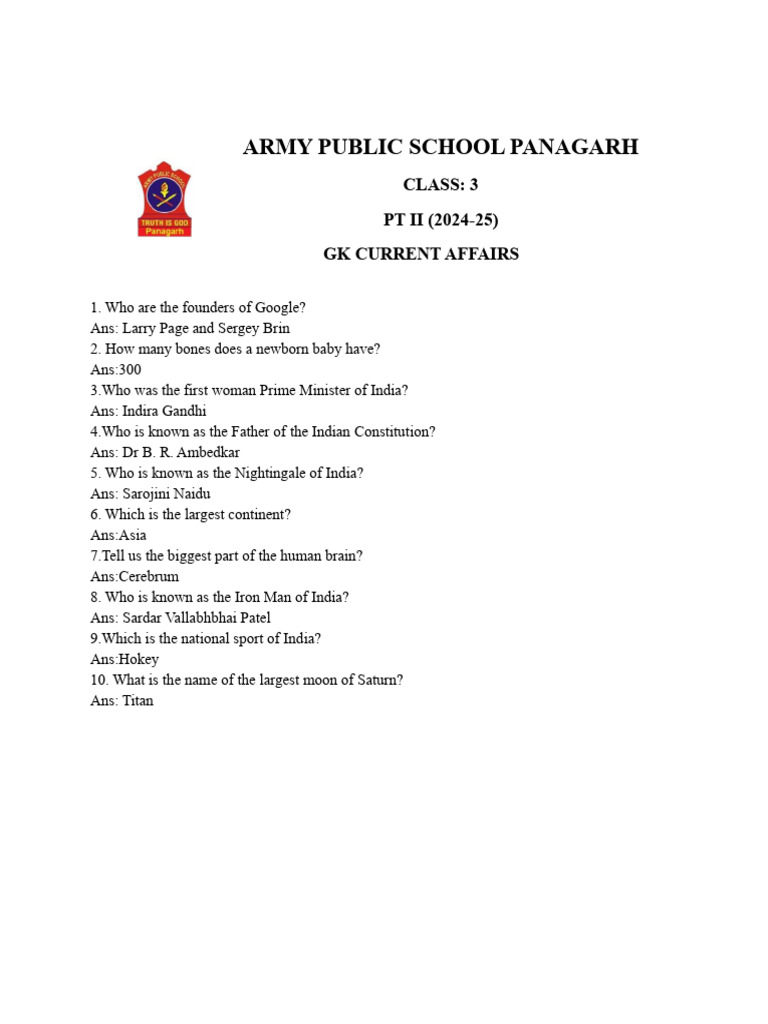 Class 3 GK Current Affairs Quiz | PDF