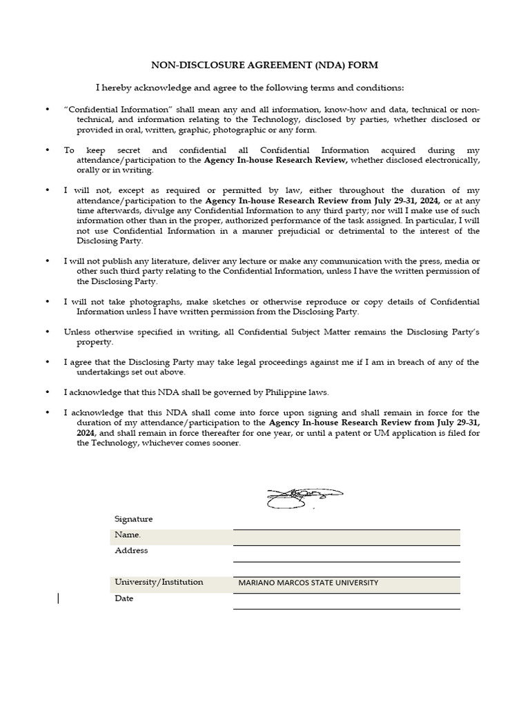 Non-Disclosure Agreement Form (Template) (1) | PDF | Non Disclosure ...