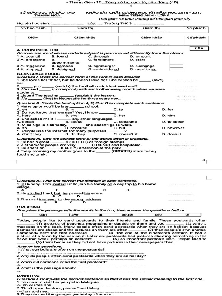 English Test for 9th Graders in Thanh Hoa | PDF