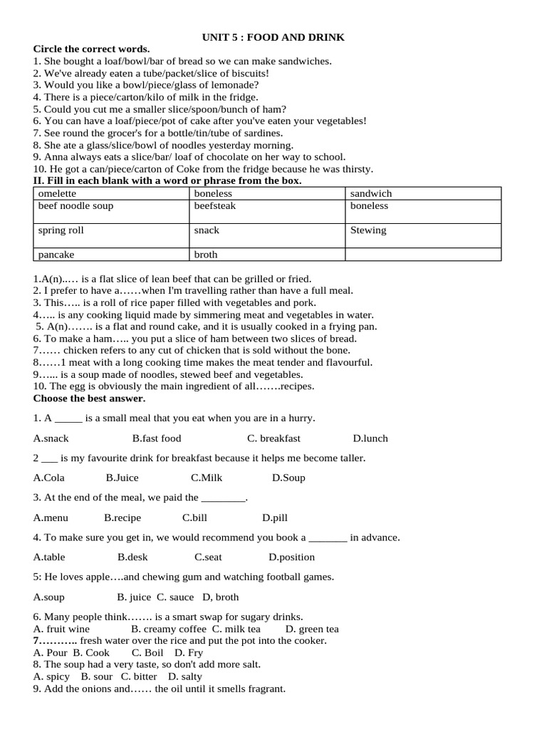 Food and Drink Vocabulary Exercises | PDF | Soup | Meal