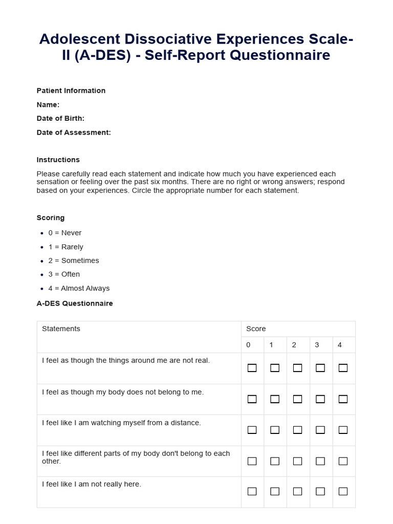 Ades Self Report Questionnaire | PDF | Self Report Study | Dissociation ...