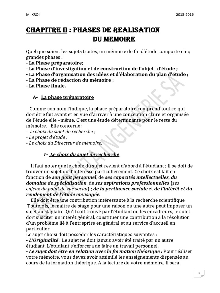 Phases de réalisation d'un mémoire académique | PDF | Mémoire ...
