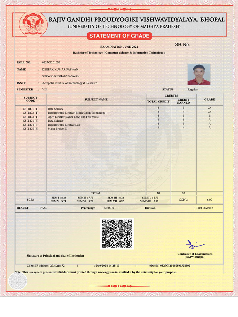 RGPV 8th Sem Marksheet - Deepak Paswan | PDF