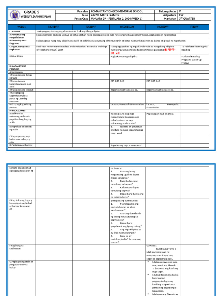 WLP (Grade 5-Quezon) - Q3 - Week 1 - (January 29-February 2, 2024) | PDF