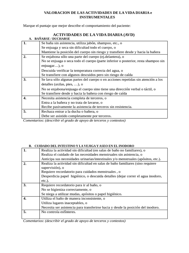 VALORACION DE LAS ACTIVIDADES DE LA VIDA DIARIA Adolescentes y Adultos ...