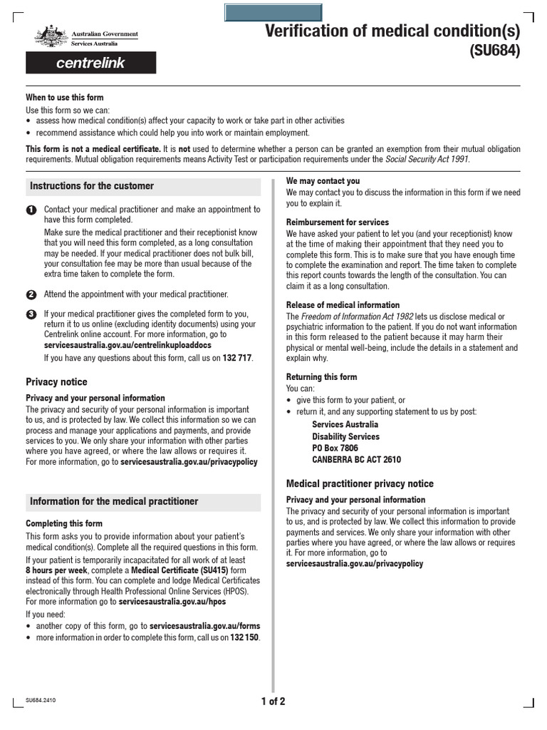 Centrelink SU684 Medical Verification Form | PDF | Comorbidity | Medicine
