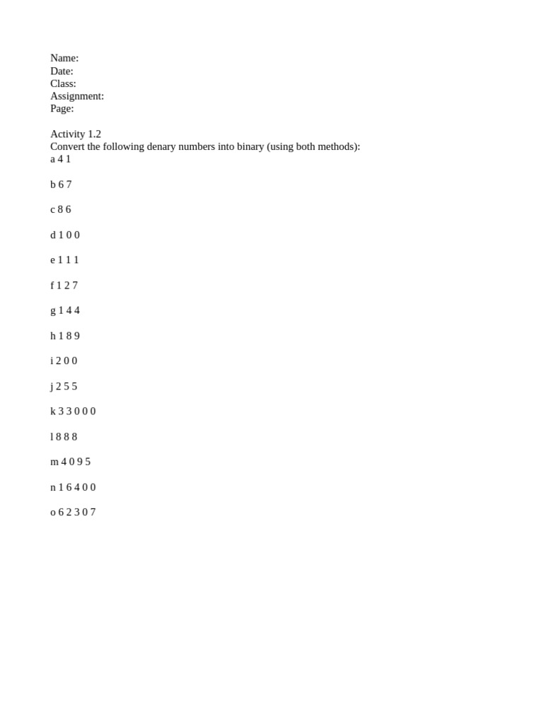 Convert Denary to Binary & Binary to Hexadecimal | PDF