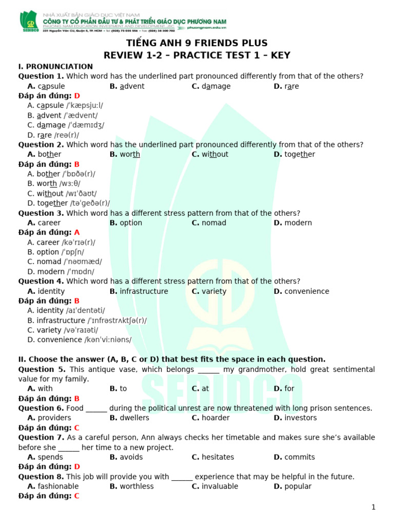 Tiếng Anh 9 Friends Plus - Review 1-2 - Practice Test 1 KEY | PDF ...