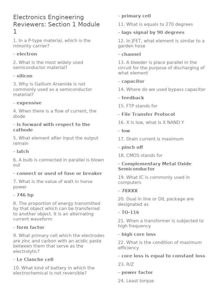 Electronics Engineering Review Questions | PDF | Amplifier | Capacitor
