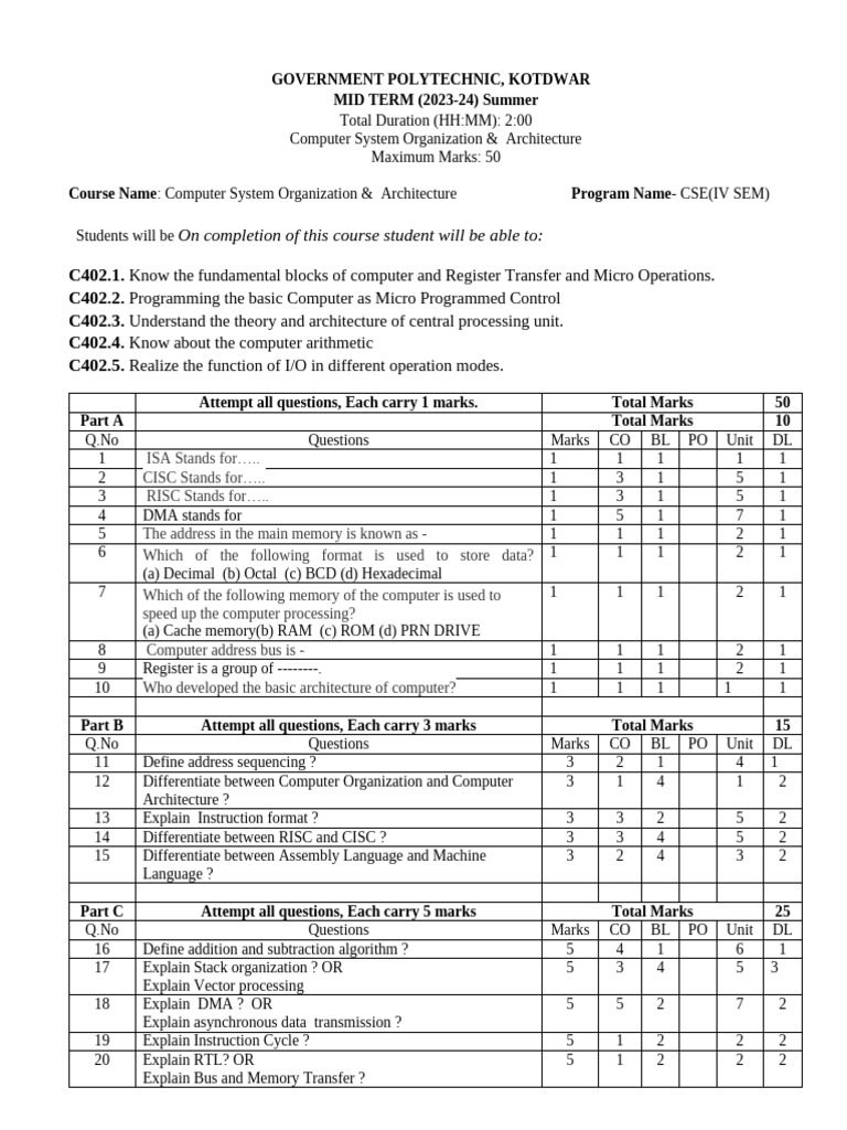 Computer System Organization Exam 2023-24 | PDF | Central Processing ...